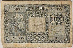 WWII Wartime Italy 1944 10 Lire Biglietto Di Stato (State Ticket) Series 0976