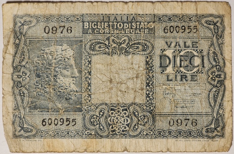 WWII Wartime Italy 1944 10 Lire Biglietto Di Stato (State Ticket) Series 0976