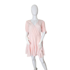 Lauren Conrad Wrap Dress Medium Pink Ruffle Hem Tie Cuff Sleeve Seersucker Dress