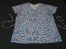 CASSANDRA O WHITE ORANGE BLUE POLKADOTS LARGE WOMENS SCRUB TOP T-SHIRT H991