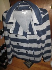 Women's Nautica Navy/Gray Striped Fleece Button Jacket W/Buttons W/Anchors M EUC