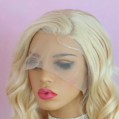 Blonde Wig HD Front Lace Human Hair Blend Highlights  Wavy Curly Bob Monroe