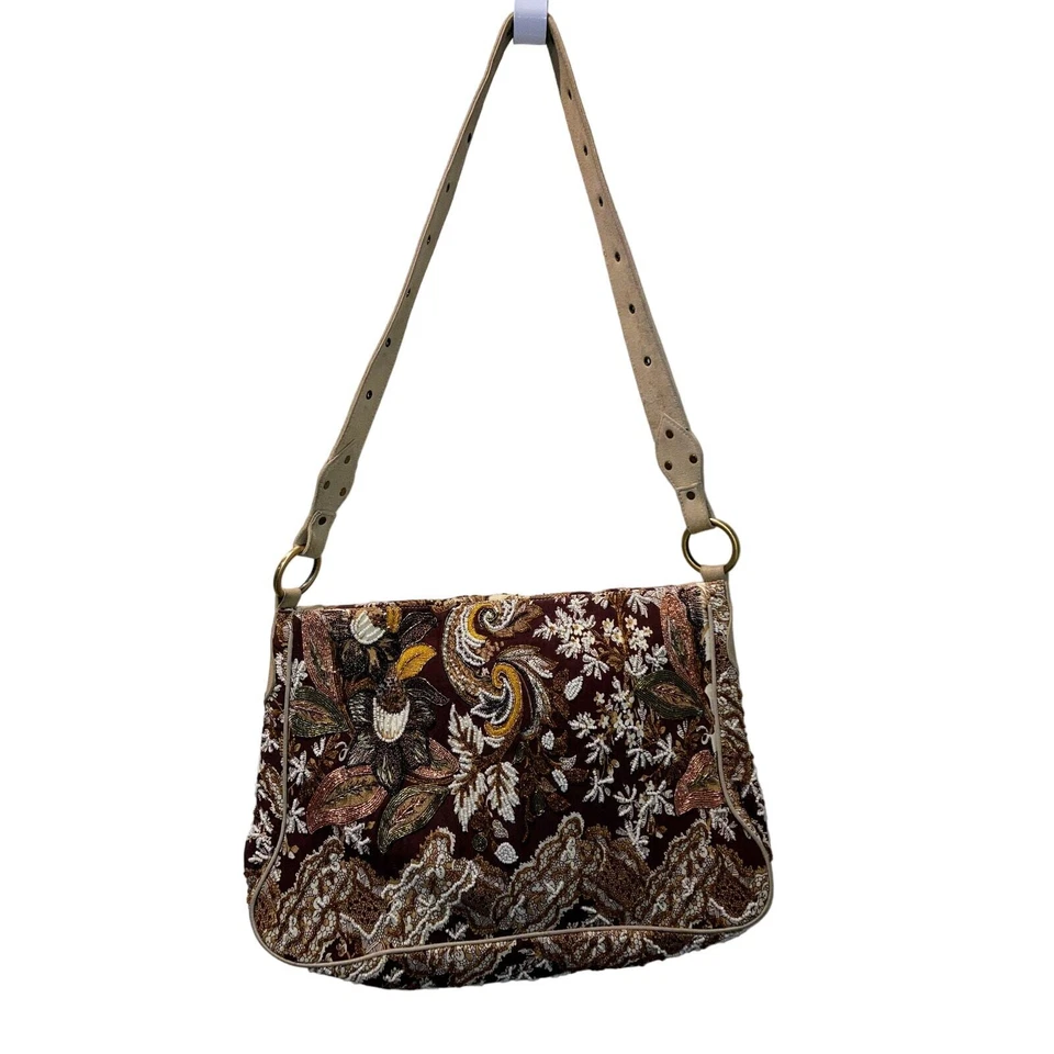 Cristiana Bolso Mensajero con Cuentas Cartera Boho Cachemira Marrón Amarillo Tostado Dorado Foto 2 de 4