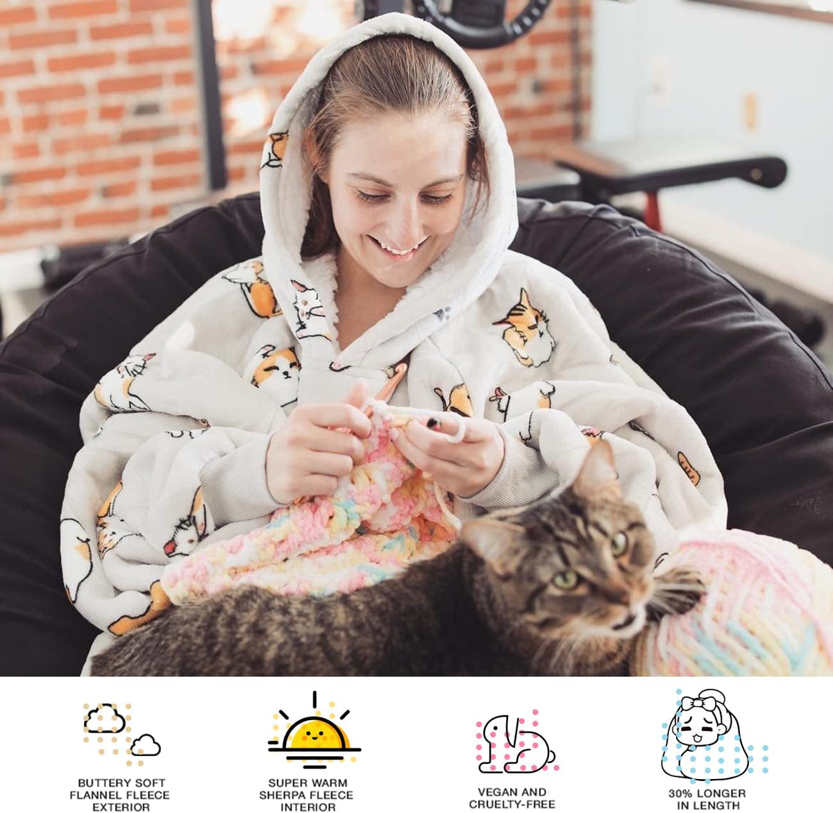 Wearable Blanket Hoodie Adults Sherpa Cat Patterns Oversized