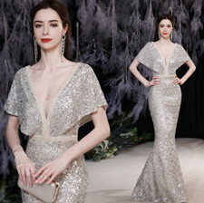 Gorgeous Silver V Neck Glitter Sequins Mermaid Dresses Cocktail Party Prom Gown