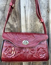 VTG Handmade Mexican Tooled Leather Purse Red Floral Western Shoulder Bag Hew