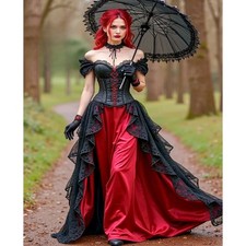 Gothic Corset Maxi Dress Black Lace Overlay Burgundy Satin Skirt Victorian xGown