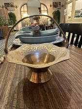 Vintage Brass Decorative Trinket Ruffle Edge Basket with Folding Handle Patina