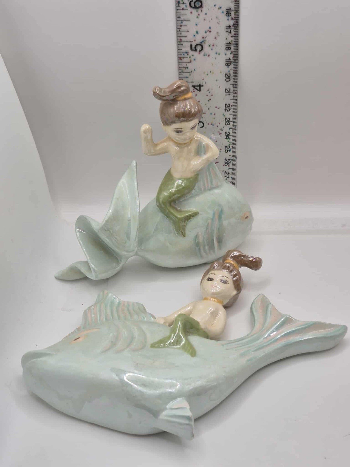 Vintage RARE Mermaid Riding Fish Wall Plaque Set -Retro Arnels Chalkware