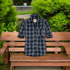 Hollister @ Womens Premium Long Sleeve Shirt Navy Green Plaid @ Size S