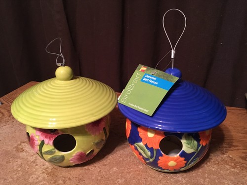 LOT OF TWO CAROUSEL CERAMIC BIRD HOUSE FLOWERS BLUE & GREEN BY BIRD BRAIN