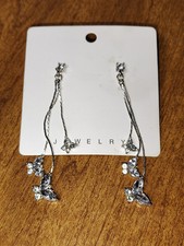 Three Strand Rhinestone Butterfly Dangle Drop Earrings New Never Worn 2.5"