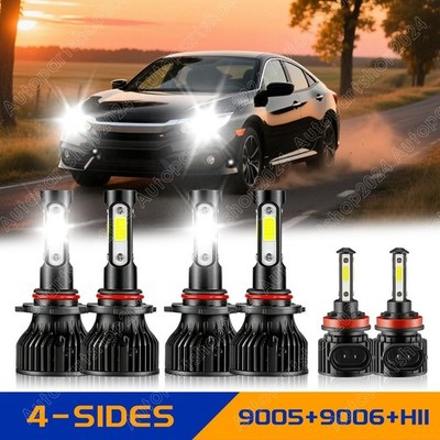 4-Sides Combo 9005 + 9006 LED Headlight High Low Beam + H11 Fog Light Bulbs x6