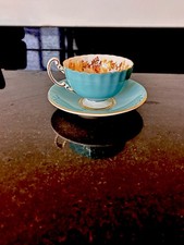 Aynsley Turquoise Blue Fine Bone China Tea Cup Saucer Set with Gold Trim VGC