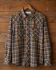 Vtg 70s Wrangler USA Plaid Black Pearl Snap Western Shirt Mens L Cowboy Ranch