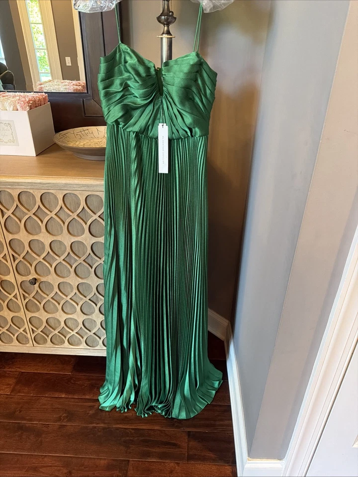 Vestido largo de satén verde trébol talla 2 ML Monique Lhuillier Helena para mujer nuevo con etiquetas Foto 4 de 4