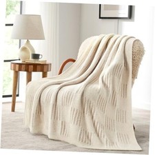 Cream Checkered Throw Blanket,Fluffy Faux Fur Throw 50"x60" Heather Cream