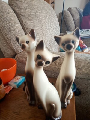Drei Keramik Kitsch Vintage Siamkatzen, Zirkus 1960 Größe 11,5 Zoll und zwei bei 12 Zoll