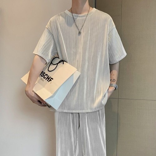 Ice Silk Short-sleeved T-shirts Trousers Suit Men's Summer Loose Two Piece Suit - Picture 11 of 20