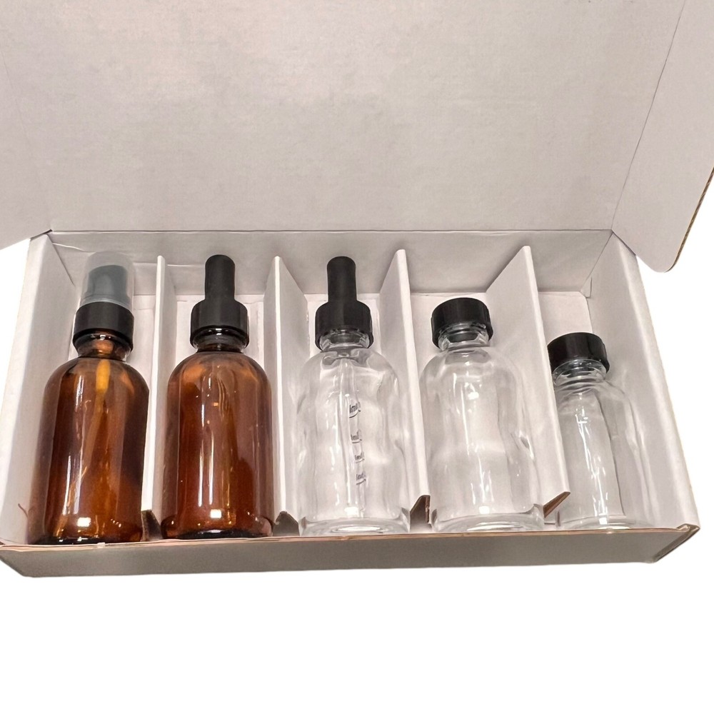 Set Of 5 Amber & White Glass bottles Tincture Dropped Various Sizes Home Oils