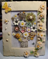 Handmade Vintage Jewelry Collage 10"x8" Resin Frame Art Flower Bouquet OOAK
