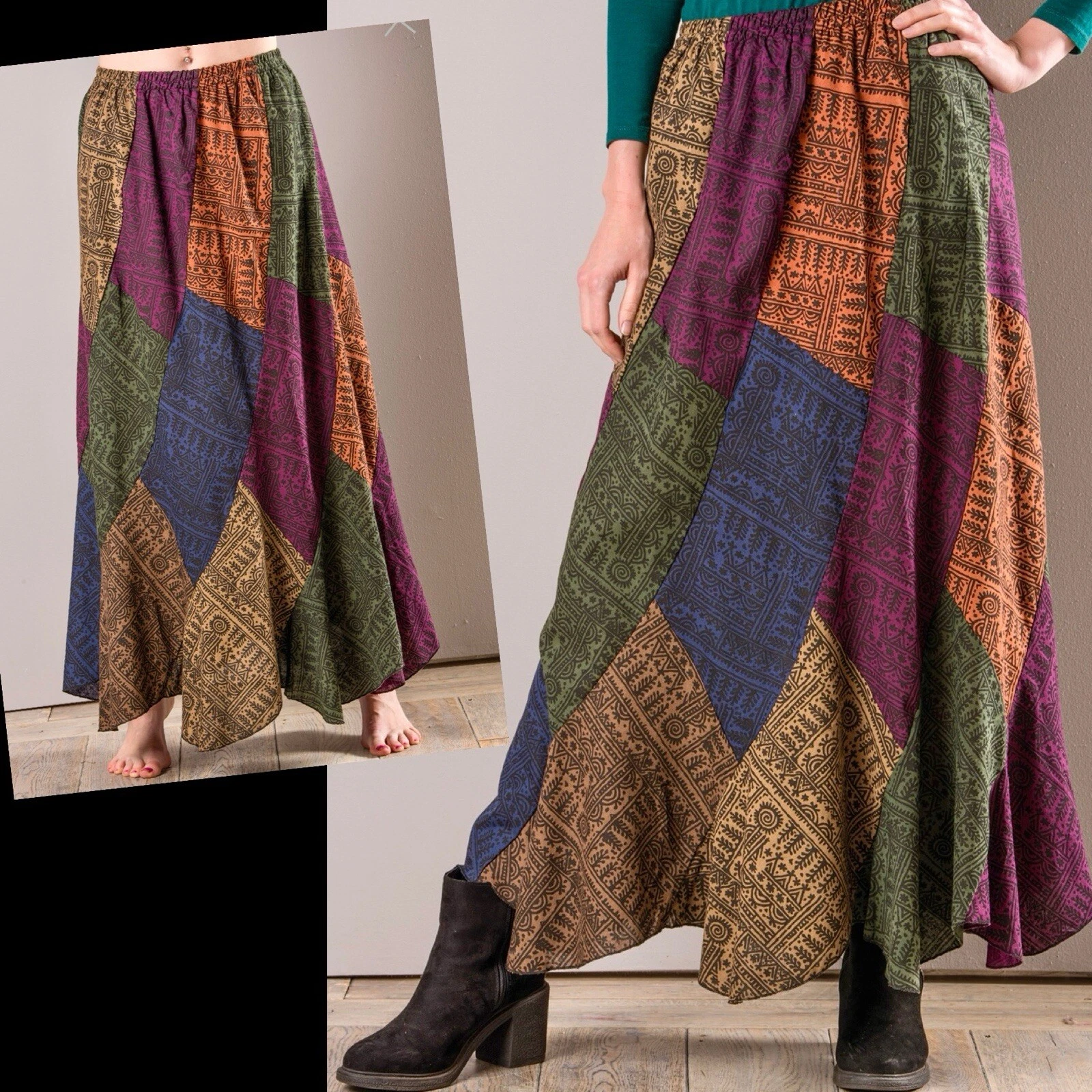 Patchwork Long Folk Hippie Festival Full Skirt BNWT L/XL Multi Ethnic Print