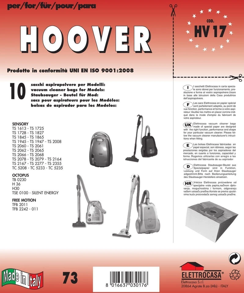 CONF. 10 SACCHI HOOVER COMPATIBILE CON TUTTI I MODELLI INDICATI NELLA FOTO