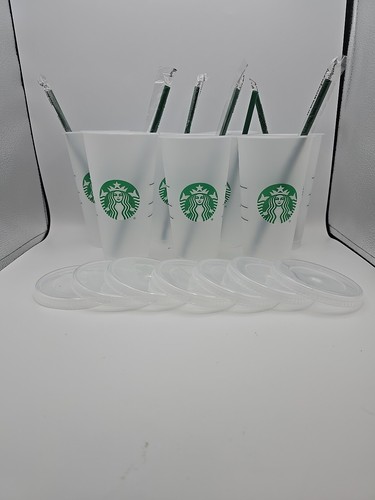 Starbucks Plastic Reusable Cold Cups with Lid & Straw 24oz Frosted Lot of 7