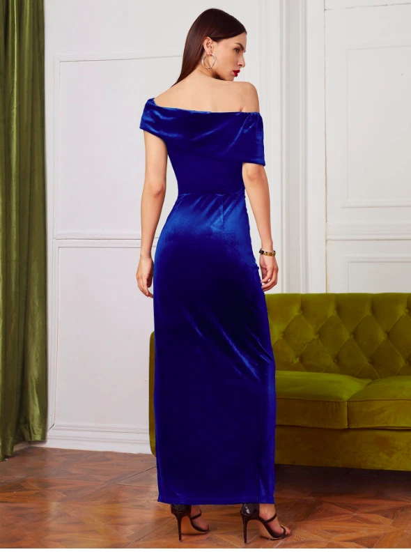Navy Blue Off Shoulder Wrap Ruched Detail Velvet Dress Sz XS S M L XL XXL