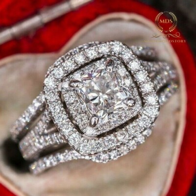 Moissanite Trio Set Engagement Ring Solid 14K White Gold 3 CT Cushion Cut
