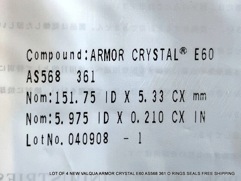 LOT OF 4 NEW VALQUA ARMOR CRYSTAL E60 AS568 361 O RINGS SEALS FREE SHIPPING - Image 4 of 4