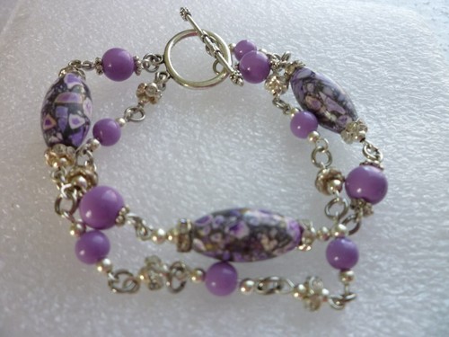 *Silver Tone Purple Glass Tube/Cechz with Rhinestones Double Chain Bracelet - 第 3/5 張圖片