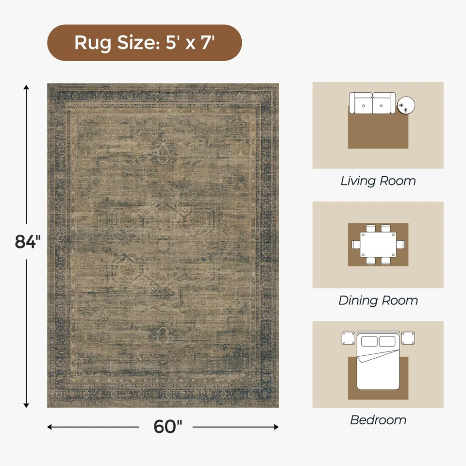 Alfombras de área lavables 5x7 para sala de estar, alfombra antideslizante resistente a manchas para K... Foto 2 de 4