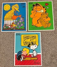 Three VTG Playskool WOOD Puzzles, Charlie Brown, Garfield, Sesame St. 1951-1979