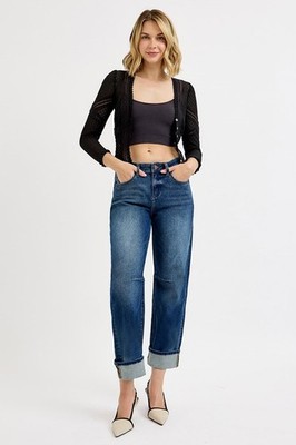 Risen Slouchy Cropped Barrel Cuffed Jeans in Dark Wash NWT Size 11/30