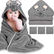 4 Pcs Baby Towels and Washcloths Set, 1 Pcs Animal Hooded Baby Towels 3 Pcs