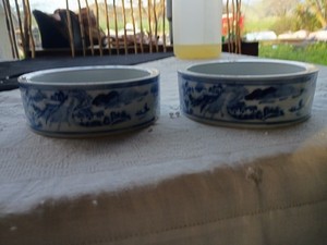  Vintage Chinese Paint Brush Bowls Blue & White Porcelain Landscape Scene Two