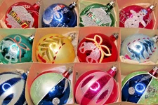 Lot VTG Glass Pictured SNOWMAN HOUSE TREE HARLEQUIN BALL Christmas Ornaments