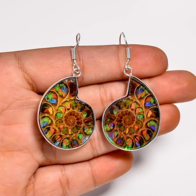 Ammonite Gemstone Handmade 925 Sterling Silver Jewelry Earring Size-1.65" - Image 2 of 3