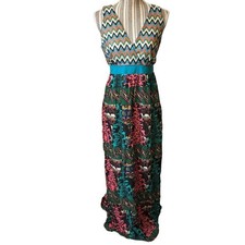 Flying Tomato Dress Large Multicolor Chevron Patchwork Maxi Boho Retro Rayon