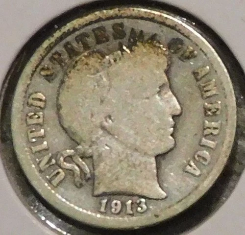 Silver Dime - Barber - 1913 (Tarnished after old cleaning.) [229]