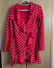 PRETTYLITTLETHING Red/Pink Polka Dot Wrap Mini Dress Ruffle Hem V-Neck 8