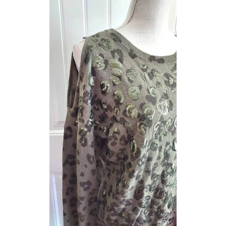 INC Leopard Animal Print Cold Shoulder Sequin Sweater Army Green Women's Size L - Image 2 of 4