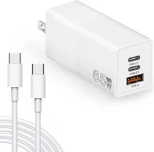 65W GaN 3-Port USB-C Fast Wall Charger For MacBook iPad iPhone With 6ft Cable