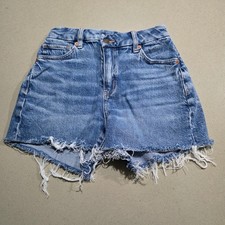 American Eagle Curvy Mom Shorts Medium Wash Distressed Frayed Denim Size 00