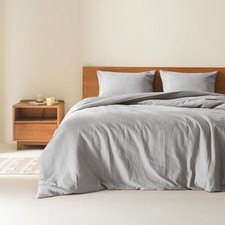 Light Grey Queen Duvet Cover Set - 3 Pieces Breathable Waffle Dobby Weave Textur