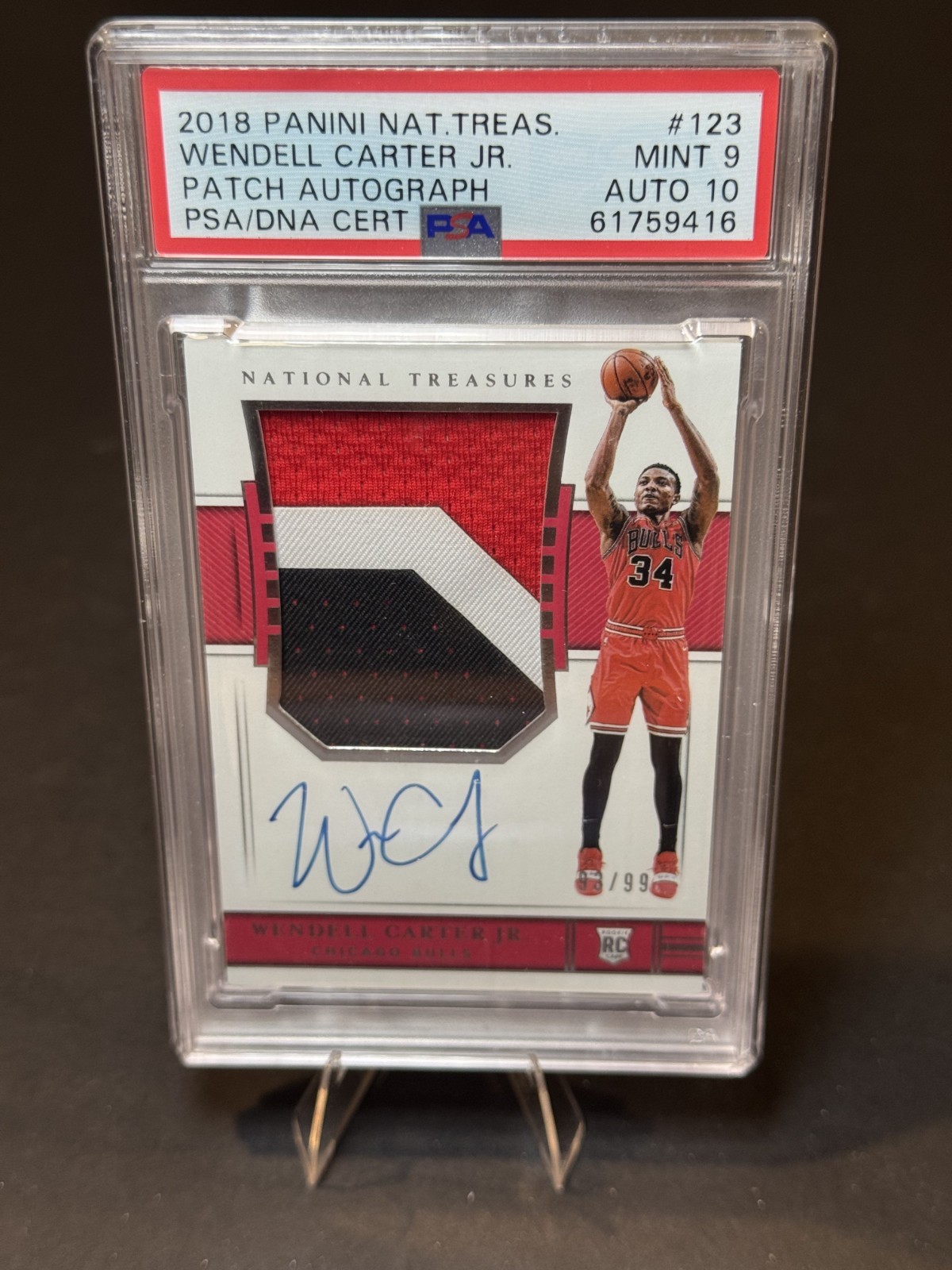 2018-19 National Treasures Wendell Carter Jr #123 RC Rookie PATCH AUTO /99 PSA 9 view 1