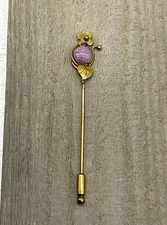 Retro Vintage Stick Hat Pin Purple Cabochon & Floral Gold Tone Brass 3 5/8" Long