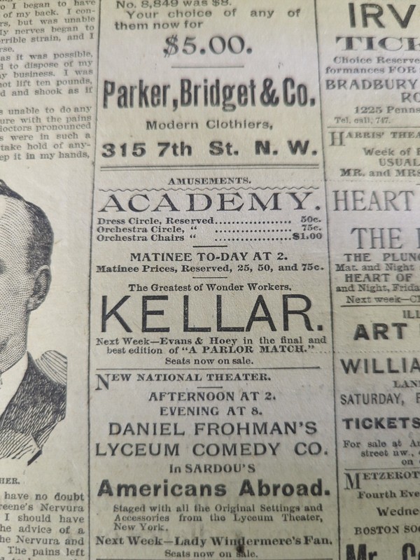 FEB 10, 1894 NEWSPAPER PAGE #1926- HARRY KELLAR, THE GREATEST OF WONDER WORKERS