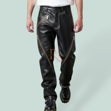 Men s Genuine Lambskin Leather Pants Black Slim Fit Zipper Biker Trousers